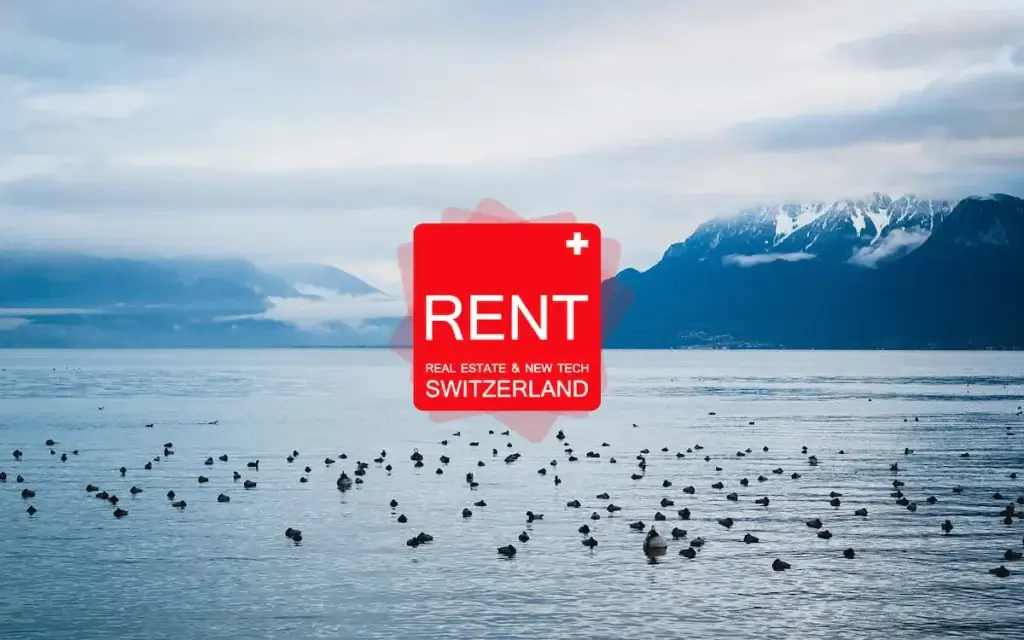 real estate & new tech switzerland inspiring visual featuring a calm sea and snow mountains and rent swizerland logo in the middle