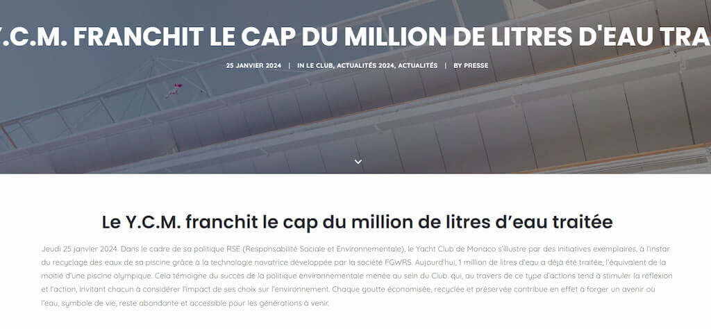 Cap Du Million De Litres D'eau Traitee Franchi Par Le Yacht Club Monaco Grace A La Technologie Innovante FGWRS Cite Dans L'article Du 25 Janvier 2024