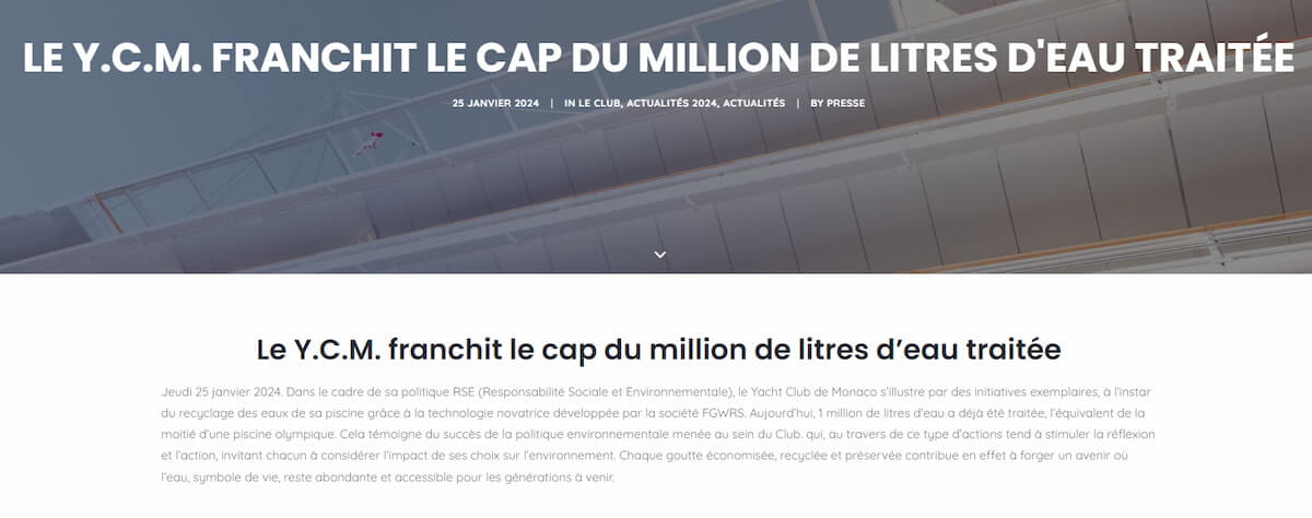 cap du million de litres d'eau traitee franchi par le yacht club monaco grace a la technologie innovante FGWRS cite dans l'article du 25 janvier 2024